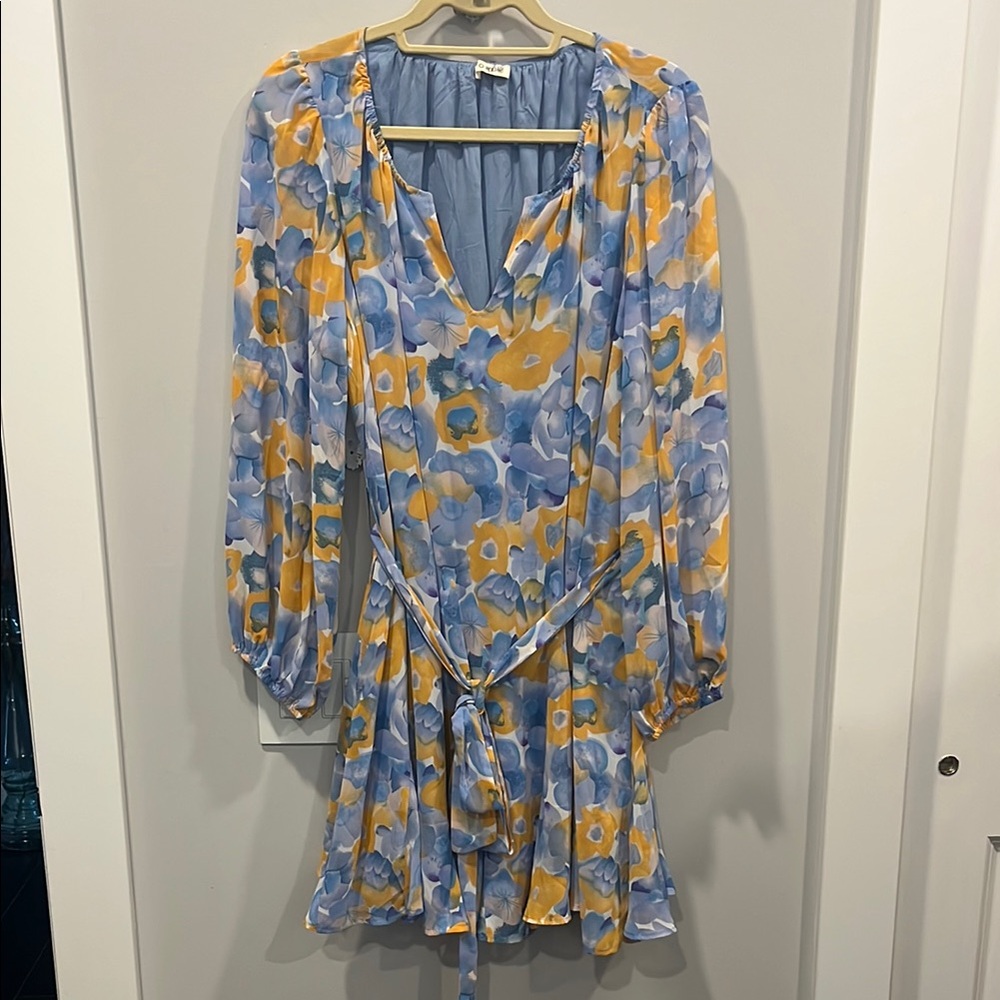 Kori Yellow and Blue Wrap Sundress with Bishop Sleeves